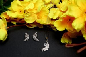925 sterling silver leaf crystal pendant set | elegant designer jewelry | tarakanchan